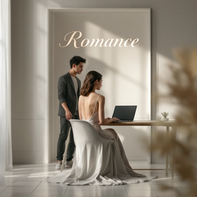 The cover features a softly lit, serene room with a modern aesthetic. A young woman in a sleek, elegant dress sits at a minimalist desk with a laptop open in front of her. The scene is viewed from behind, capturing her elegant silhouette and the flowing fabric of her dress. A young man stands behind her; his hand gently rests on the back of her chair, creating a sense of protective intimacy. The setting is accented by a plain, white wall that enhances the feeling of calmness and focus.
