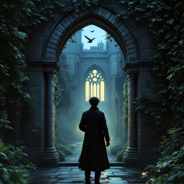 The cover captures a moody, atmospheric scene with a dimly lit Gothic university courtyard. Towering stone walls, draped in thick ivy, frame the scene. In the foreground stands a solitary figure in vintage academic attire, their back turned to the viewer. This figure holds an antique pocket watch in their hand, poised beneath an ornate archway. In the background, the soft glow of a library’s arched windows emanates through the mist, whispering of the knowledge contained within. Shadows and subtleties in the distance evoke mystery and secrecy, while a bird silhouette passes across the twilight sky.
