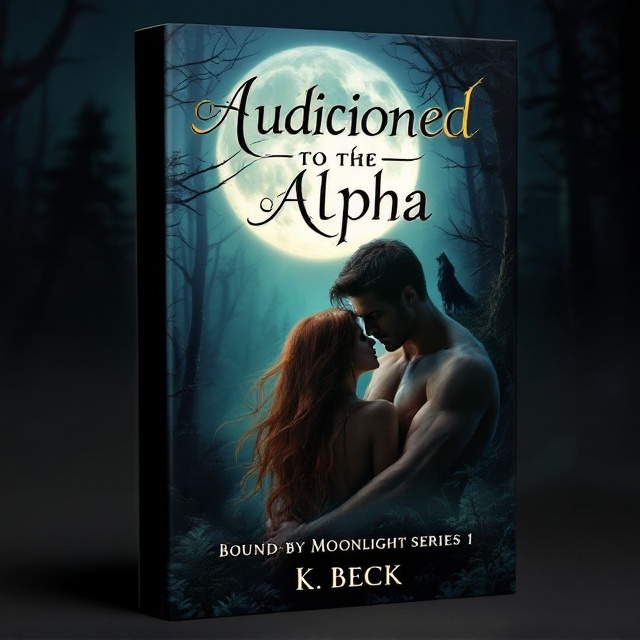 The cover displays a mystical forest bathed in moonlight, with a full moon dominating the sky. In the foreground, a romantic girl with flowing auburn hair gazes serenely into the distance. She is gently embraced from behind by a muscular man whose features are shadowed, enhancing the suspenseful tone. To the side, a silhouette of a wolf is subtly integrated into the trees, howling at the moon.