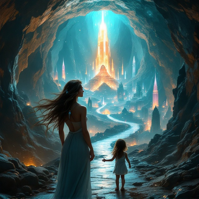 A mesmerizing underground city bathed in ethereal light takes center stage at the bottom of the cover. A pathway meanders through a cavernous environment, leading the viewer's eye from a vantage point where a woman with flowing brown hair and tan skin stands. Her necklace with a prominent stone acts as a focal point of mystery. The woman's figure blends into the surroundings, as her daughter stands beside her, gazing toward the emerging city filled with gleaming towers and ethereal structures symbolizing a new civilization. The backdrop is a mixture of shadowy depths and luminescent hues, enhancing the fantasy atmosphere.