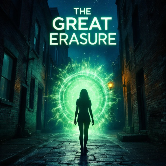 A teenage girl stands with her back turned, halfway stepping through a shimmering green portal that pulsates with energy. Her silhouette is illuminated by the eerie glow of the portal. The alley around her is shadowy and dark, with faint outlines of old brick walls and dim streetlights casting long shadows. Above, the night sky is a deep dark blue, punctuated by a scattering of stars, which adds to the overall mysterious atmosphere.