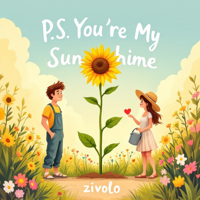 A vibrant split scene with a sunny garden backdrop. To the left, the male character stands charmingly messy in overalls, holding a spade, with a playful grin. To the right, the female character, in a sundress and a floppy hat, delicately holds a watering can. Between them, an awkwardly leaning sunflower stretches upward, with a tiny heart blooming where the flower should be. Warm pastel tones like yellows, greens, and pinks dominate, rendered in a flat vector style with minimal but expressive detailing.
