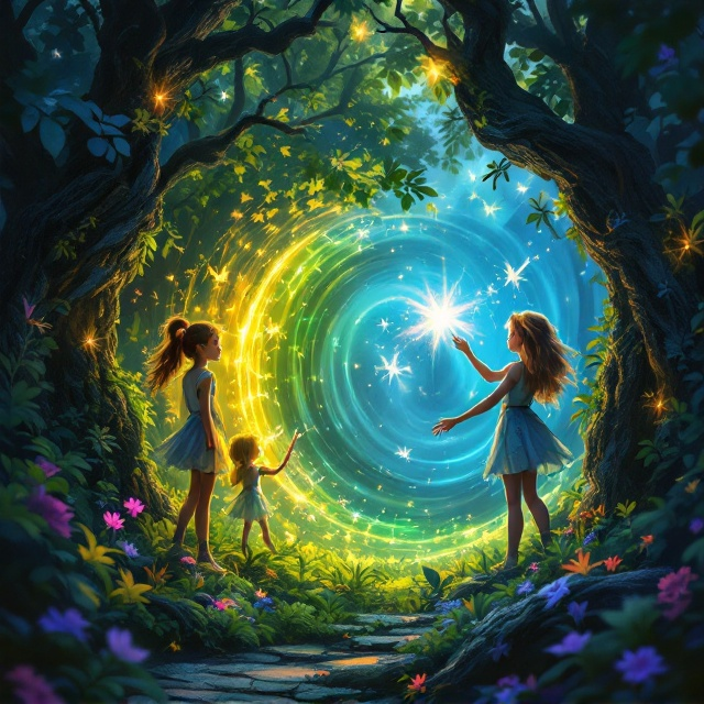 The cover features two tomboyish girls in the foreground, exploring a mystical forest. They're depicted with adventurous expressions, standing beside a vibrant, swirling light portal that hints at a journey to a parallel world. Ethereal fairies and whimsical elves can be seen peeking out from behind ancient trees, their attire a blend of leaf patterns and shimmering threads. The forest background is a deep tapestry of dark greens and blues, with hints of bright yellow capturing the magical essence. A magic wand, sparkling with magenta and denim hues, floats mid-air, connecting the scene to the larger fantasy theme.