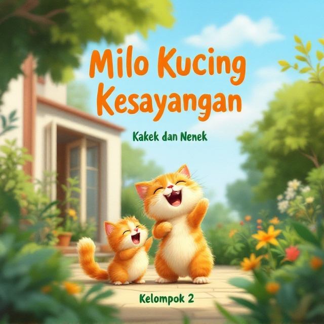 A vibrant and cheerful illustration of a cute, fluffy cat playing gleefully with an elderly couple in a garden setting. The house's inviting facade forms the background, with lush greenery framing the scene. The cat is in the center, capturing attention with its playful pose, while the grandfather and grandmother are laughing, conveying a joyful and warm atmosphere.