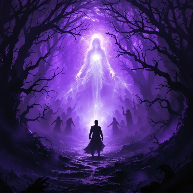 A dark, ethereal landscape where shadows stretch across the foreground. The protagonist stands with a determined posture, holding a necronomicon close. Ghostly spirits, swirling with rage and sadness, encircle him, trying to deter him as they claw and spiral upwards. In the distance, a faint, ghostly image of a woman beckons with an aura of serene hope amidst the ominous darkness. The dominant color scheme of deep purples and black create an atmospheric tension.