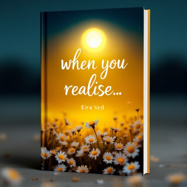 A serene night landscape with the moon casting a gentle glow over a field of daisies. The moonlight creates soft highlights and shadows, emphasizing the purity and simplicity of the daisy flowers. The background is awash in a warm, inviting yellow that transitions to a dusky blue at the top, symbolizing the transition from day to night.