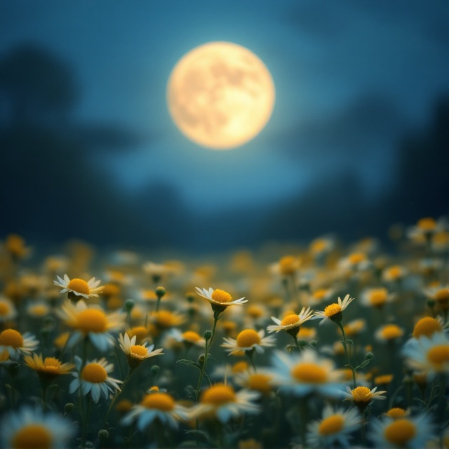 A serene, moonlit night with soft yellow hues washing over a field of blooming daisy flowers. The setting is bathed in a calming moonlight glow, seamlessly blending the yellow of daisies with cool lunar tones.