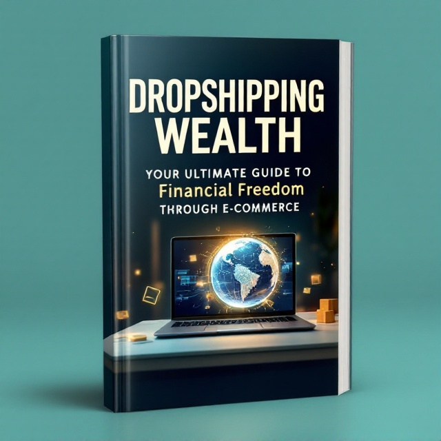 The cover features a close-up image of a sleek laptop on a minimalist desk, with a globe hologram emanating from the screen to emphasize global reach. The background is a soft gradient of teal and gold, suggesting wealth and opportunity, with subtle outlines of package icons to imply e-commerce.