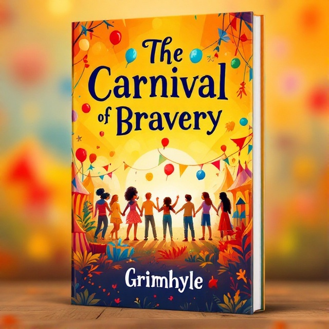 A vibrant and whimsical illustration of a colorful carnival scene, with balloons, streamers, and tents creating a lively atmosphere. In the center, a group of diverse friends, each holding hands in a circle, exudes a sense of unity and joy. The background is a gradient of bright orange and gold, suggesting a warm, inviting sunset.
