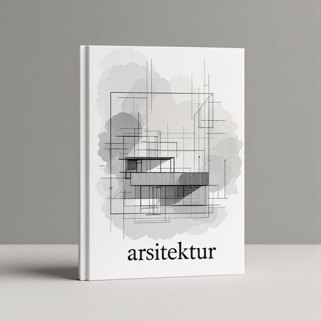 A central, abstract architectural blueprint overlapping with soft, watercolor brush strokes creating a juxtaposition of structure and artistry. The background is a calm, muted matte color, providing a contrast to the bold lines of the architectural designs.