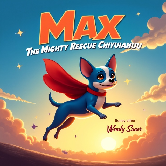 A dynamic scene featuring Max, the blue, fawn, and white tri-color Chihuahua, boldly leaping through the air with a superhero cape fluttering behind him. The background is a sweeping skyline at sunset, casting warm hues with a dominant blue tone to align with the primary color preference. Max is depicted with wide, excited eyes, showcasing his mischievous and adventurous spirit, while subtle, whimsical elements like stars and sparkles enhance the sense of adventure and magic.