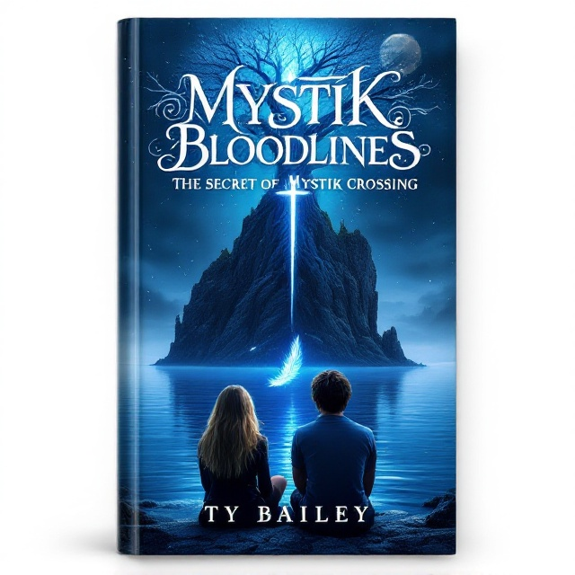 A serene lake bathed in moonlight, with a shimmering blue angel feather gently drifting toward its surface. In the foreground, two teens, a girl with golden hair and a boy with darker, shoulder-length hair, sit side by side. Both gaze at the ethereal scene before them. The towering rock formation shaped like a cross emerges from the water, crowned by the intricate, glowing Tree of Life. The background hints at creeping shadows, suggesting an impending darkness beyond the radiance of the lake.