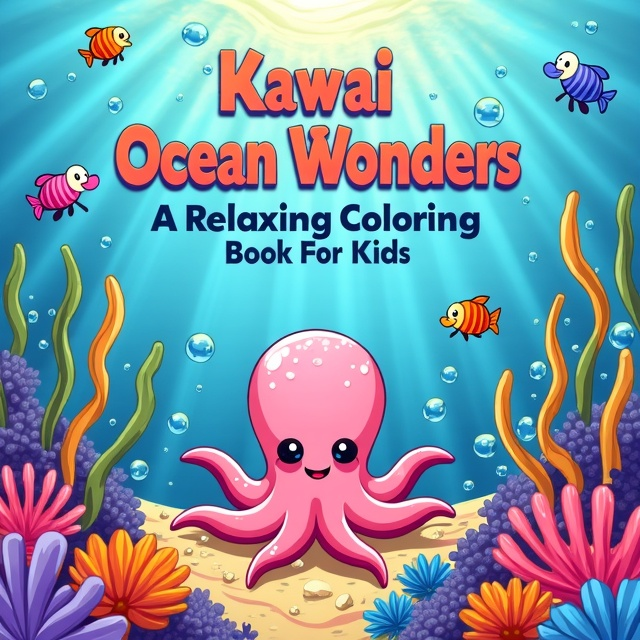 The cover showcases a vibrant underwater scene filled with playful, Kawaii-style marine animals. The center features a smiling, pastel-colored octopus surrounded by a cheerful seahorse, colorful fish, and gentle sea turtles swimming among the coral and bubbles. The background is a serene ocean blue, with light rays penetrating the water's surface, adding depth and a sense of calm.