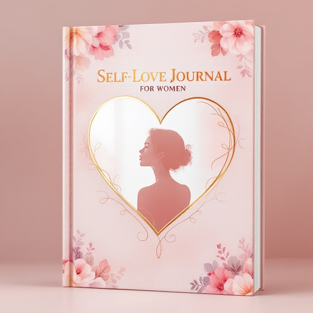 A soft pastel pink background with delicate watercolor floral patterns in the corners. The center features a large, heart-shaped mirror reflecting a subtle silhouette of a woman, symbolizing self-reflection and self-love. Gentle swirls of gold foil accents weave through the design, adding a touch of elegance.