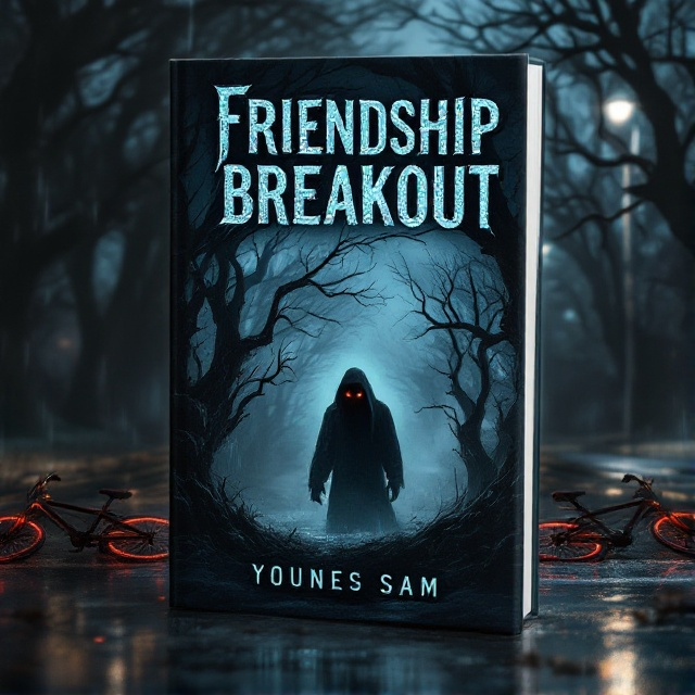A dark, stormy night scene is depicted with three bicycles lying on a slick, rain-soaked street. In the background, an ominous shadowy figure with glowing red eyes is barely visible, lurking among gnarled tree branches that resemble claws. A mysterious, dark forest looms in the distance.