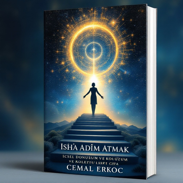An ethereal landscape with a starry night sky blending golden and blue hues, symbolizing divine light and consciousness. A path or staircase leads to a radiant light on the horizon. At the center, a serene human silhouette with open arms is enveloped in an ascending ring of light, embodying collective healing and personal transformation.