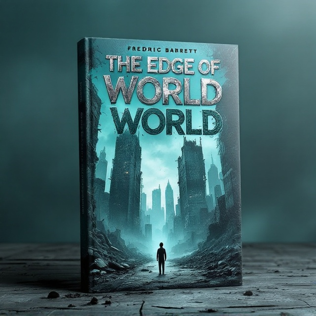 The cover features a post-apocalyptic cityscape, with crumbling skyscrapers towering over a desolate street. The foreground shows a tiny, lone gray figure standing amidst a landscape of rubble and debris. The sky is tinted with shades of aqua, casting an eerie, melancholy glow over the scene, symbolizing the isolation and loneliness at the edge of a ruined world.