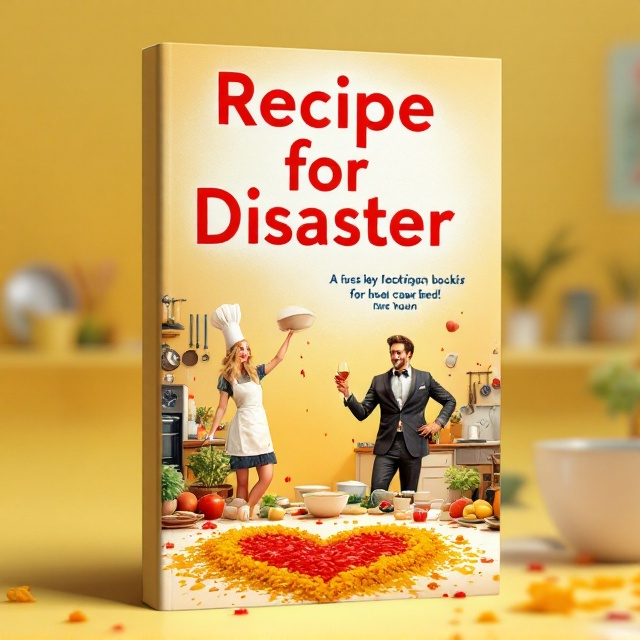 The cover features a bustling kitchen scene where kitchen appliances and ingredients are in delightful disarray. On the left side, the petite blonde female lead in a chef’s hat and apron is shown with an exasperated expression, holding a recipe book upside down. The male lead, tall with tan skin and dark wavy hair, stands next to her on the right, dressed in a sleek suit and holding a glass of wine, laughing at the situation. In the foreground, a bowl is tipped over, and the spilled ingredients form a bright heart shape on the floor. The background contrasts vibrant yellows and reds with soft translucent whites, evoking a playful and romantic atmosphere.