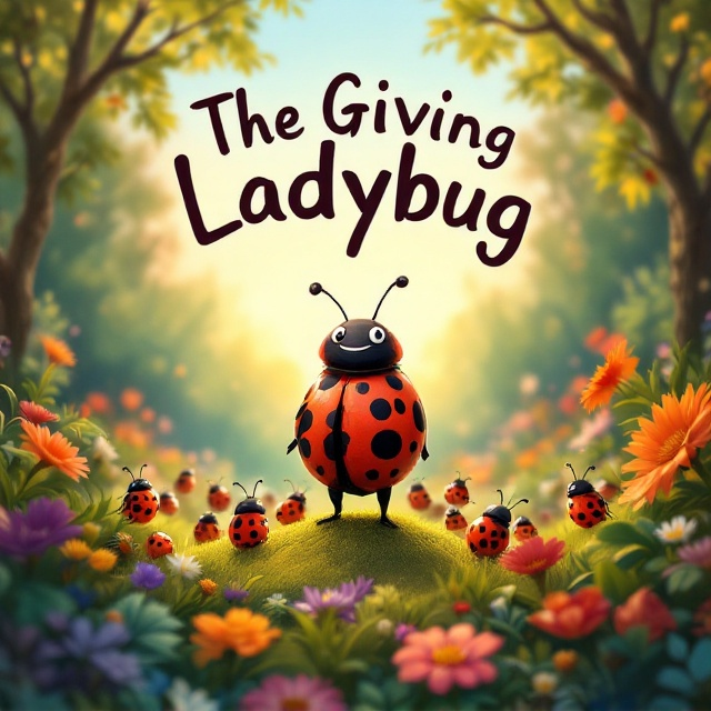 In the center of the cover, a cheerful ladybug covered with numerous spots stands proudly on a small mound. Surrounding her are a myriad of spotless ladybugs, all looking at her with a mix of awe and admiration. The backdrop is an enchanted-looking forest, with colorful flowers and verdant foliage casting a playful atmosphere. The sky is clear with a soft gradient transitioning from a gentle morning blue to a warm afternoon yellow, filling the scene with lighthearted charm.