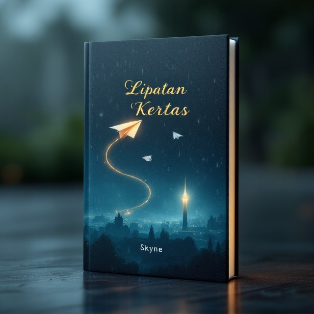 The cover features a minimalist design with a paper airplane elegantly soaring through the rain-drizzled sky. The background showcases a soft gradient transitioning from black to soft blue, simulating a rain-soaked evening. A subtle light yellow hue illuminates the paper airplane, signifying a glimmer of hope amidst the darkness. In the lower-right corner, a delicate illustration of a city park with a tower fades into the background, adding depth and intrigue.