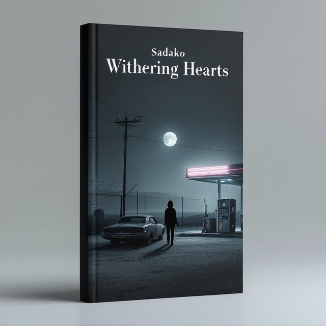 The cover features a solitary figure standing beside an old, weathered car in the lower-left corner. The figure faces a gas station on the right, with a mesh fence extending behind it. A flickering neon sign hangs above the gas station pumps, casting a soft glow. A distant streetlight creates elongated shadows reaching outward. In the background, a half-obscured moon lingers in a hazy, dim sky. Near the horizon, an indistinct outline of a tunnel entrance is faintly illuminated, subtly blending into the barren landscape.