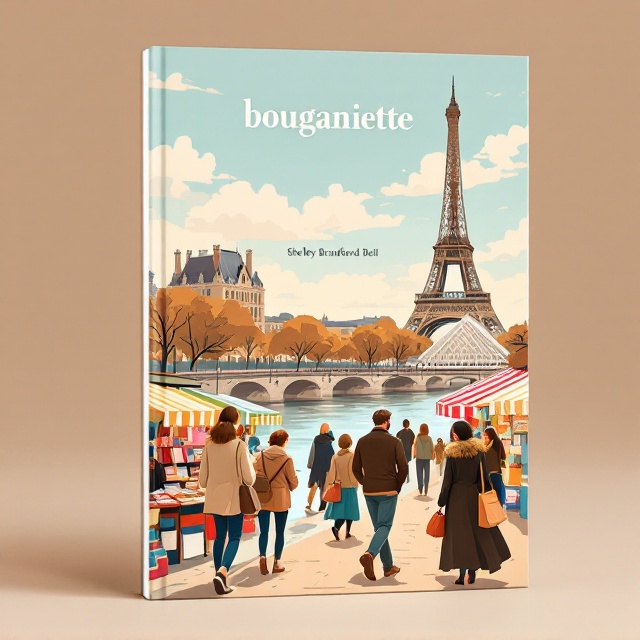 People strolling along the banks of the Seine, with colorful stalls of bouquinistes displayed prominently, offering an array of books. In the background, the Eiffel Tower elegantly peeks through a soft Parisian sky, while further along the skyline, the picturesque Louvre is subtly visible. A warm, mellow color palette with soft blues and earthy tones enhances a sense of warmth and nostalgia.