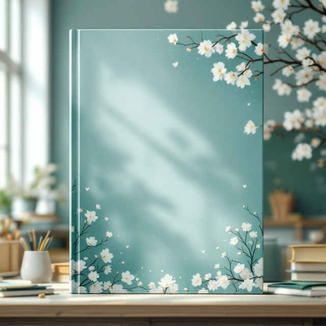 The cover features a tranquil classroom scene with pastel green and blue shades dominating the background, incorporating elements like a chalkboard and scattered educational tools like pencils and books. In the foreground, a subtly blurred silhouette of a blossoming tree leans toward the classroom, introducing a sense of growth and learning intertwined with romance.