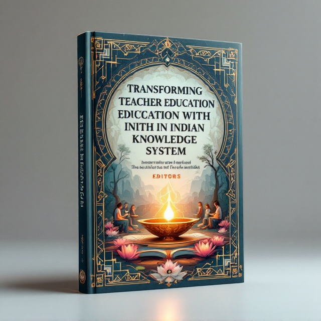 The cover features a central illustration of a glowing deepam surrounded by geometric patterns inspired by traditional Indian art. Around the lamp, books and a tree symbolizing wisdom are integrated into the design. The background subtly displays Indian ancient scriptures with faint Sanskrit text, offering a hint of cultural richness. Imagery of educators and students in a harmonious environment is subtly interwoven, with accents of lotus flowers and mandala patterns framing the imagery to emphasize the fusion of tradition and modernity.