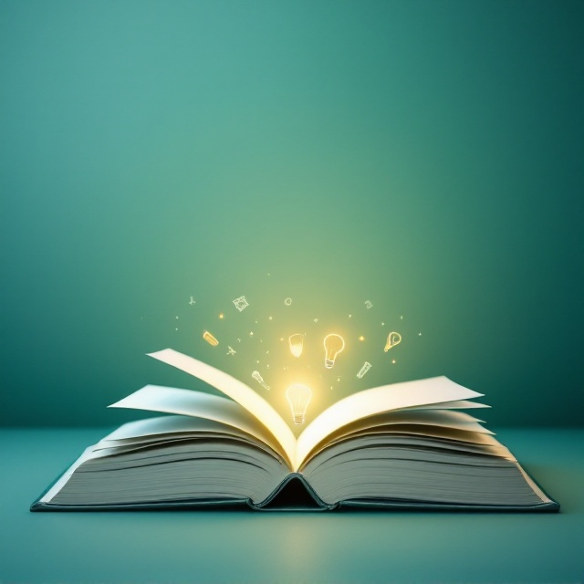 A serene and minimalist design featuring an open book set against a gradient blend of deep green and soft blue hues. The book is placed centrally with subtle imagery of lightbulbs symbolizing knowledge rising from the spine of the book, creating an impression of an enlightening journey. The background integrates faint, abstract doodles of classroom items like pencils and rulers, adding an educational touch.