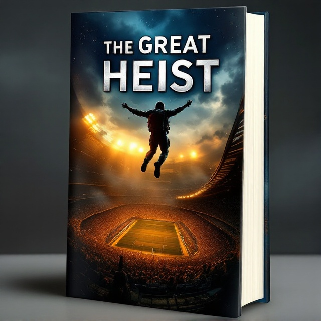 A dynamic scene is depicted with a skydiver in mid-air, framed against the backdrop of a vast football stadium below. The stadium is bathed in the golden glow of stadium lights, hinting at a nighttime setting. The skydiver, dressed in sleek, tactical gear, is the focal point, with the looming silhouette of the stadium roof creating a sense of imminent action and adventure. Dark clouds swirl in the sky, adding to the suspenseful mood.