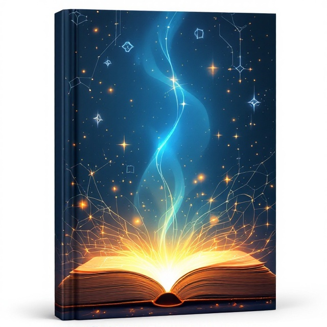 A large, mystical illustration of a glowing, open book at the center surrounded by whimsical, ethereal wisps of light and floating geometric shapes inspired by scientific symbols, against a deep twilight-blue backdrop with subtle sparkles to signify magical learning.