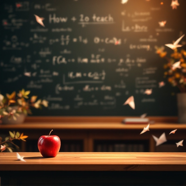A serene and enchanting scene featuring a classroom setting with a romantic, soft-focus filter. A blackboard prominently displays scientific formulas and diagrams. In the foreground, a lone corner of a polished wooden desk glows under warm light, with a single red apple symbolizing romance. On the edges, faint silhouettes of fluttering paper planes add a whimsical touch.