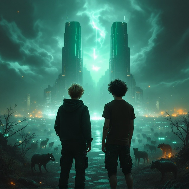 Two teenage boys stand side by side in the foreground, facing a horizon dominated by two colossal, gleaming cities. The sky is filled with dark, swirling clouds, and a faint, eerie green glow emanates from the cities, casting an unsettling light. In the middle ground, various animals with mechanical features lurk in shadowy corners, hinting at their AI mutations. The boys are detailed—the 18-year-old with dirty blonde hair and green eyes, clad in a black hoodie and cargo pants, and the 19-year-old with chestnut dark skin and fluffy black hair, in a dark brown t-shirt and shorts. Small, scattered hints of circuitry can be seen on exposed skin and clothing, suggesting their gradual robotic transformation.