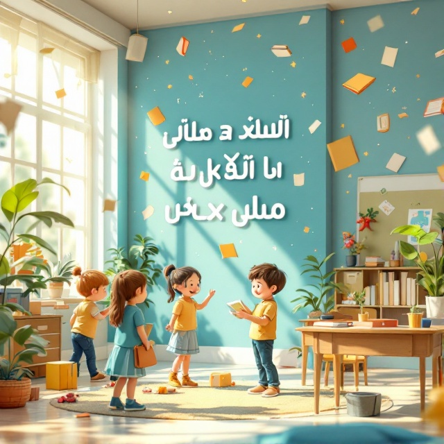 A bright, colorful classroom setting with a whimsical touch, featuring happy, well-dressed students engaging in a variety of imaginative activities. The classroom is minimalistic yet enchanting, with decorative elements like floating books and mystical illustrations adorning the walls. Soft sunlight filters in through large windows, casting a magical glow throughout the room.