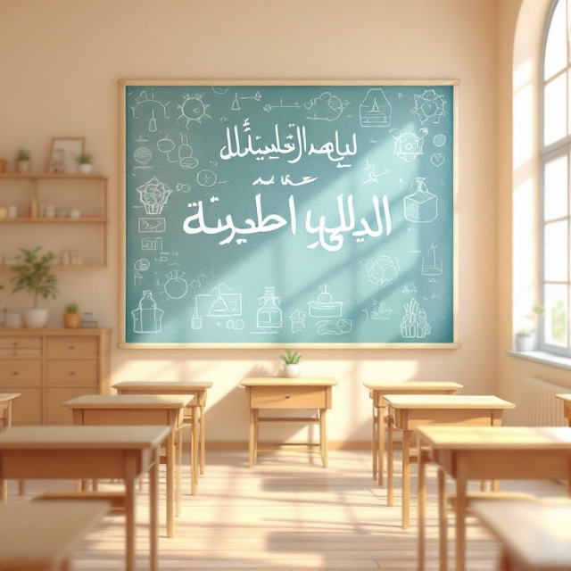 A softly painted scene of a classic Iranian classroom featuring traditional wooden desks and a large chalkboard with vibrant chalk drawings of elementary science concepts. The background includes a window view of an abstract, fantastical Persian landscape, blending realism with whimsy. The color palette is composed of soft, inviting hues such as pastel blues, greens, and yellows, creating a dreamy yet educational atmosphere.