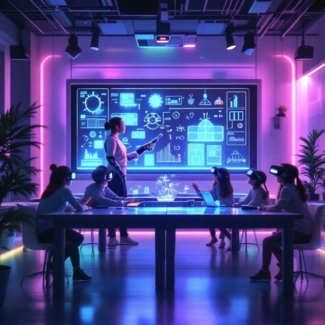 A futuristic classroom setting with transparent, floating desks and holographic teaching tools. The background features a digital chalkboard displaying complex scientific diagrams. Soft, glowing lights in various vibrant colors fill the environment, creating a dynamic and imaginative scene. The central focus is a teacher with a robotic arm engaging young, curious students, some with virtual reality headsets.