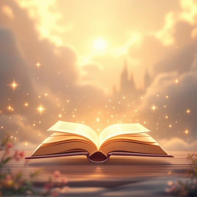 A serene landscape of a mystical, sunlit classroom setting with an open book floating in the air, glowing softly. The background features soft pastel clouds and a hint of a mystical castle in the distance. Subtle sparkles drift around, suggesting magic and discovery.