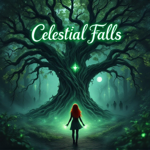 The cover depicts a mystical forest illuminated by soft moonlight, centered around an ancient, towering oak tree exuding a faint green ethereal light. The tree's twisted branches form a protective arch, shrouded in an enchanting mist, giving it a mysterious aura. In the foreground stands a teenage girl with vibrant red hair and green glowing hands, her back turned to the viewer, intently gazing at the tree. Shadowy figures subtly emerge from the mist, suggesting hidden dangers.