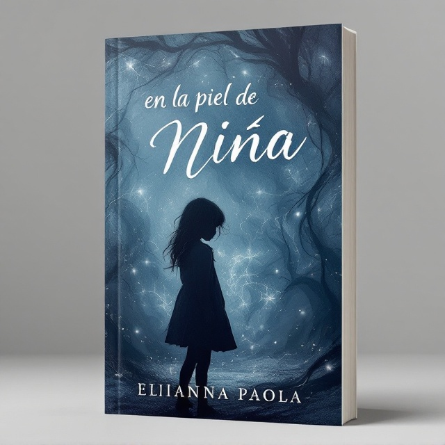 A haunting image of a young girl, Niña, standing alone in the foreground, her figure cast in shadow. Her expression is a mix of vulnerability and determination. In the background, abstract swirling patterns suggest the depths of emotional struggle, representing anxiety and depression. Delicate light trails weave through the darkness, symbolizing hope and connection. The color palette is dominated by deep blues and muted purples, with silver accents highlighting areas of light and hope.