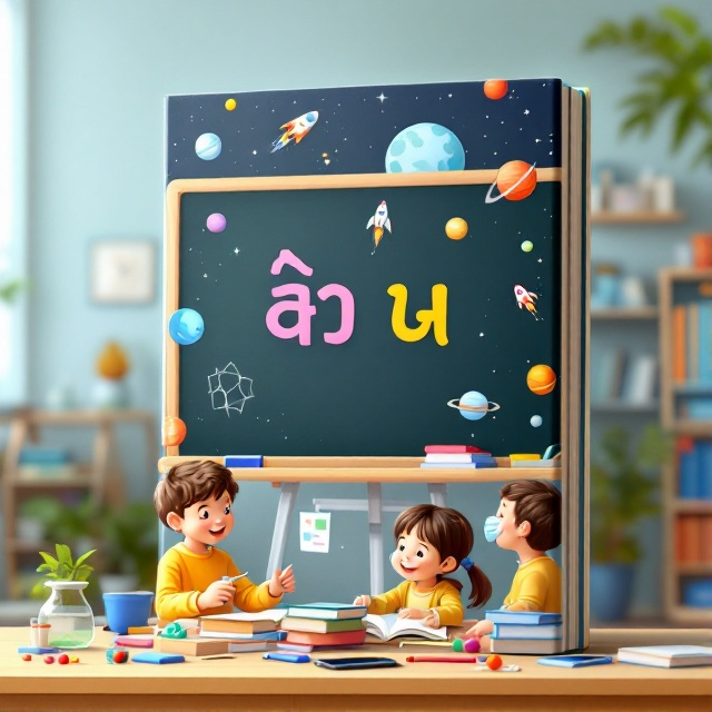 standing book mockup, Its title is "مای بووک".  A vibrant and playful illustration of a classroom with multi-colored planets and rockets floating above a blackboard that displays the title 'مای بووک'. Children are depicted joyously engaged in learning, with elements like science gadgets, electronic devices, and books around them. Playful, rounded Arial font in bright colors for the title, with a friendly sans-serif font for any secondary text to maintain readability for a young audience., The title 'مای بووک' is prominently at the top, with the classroom illustration forming the central visual element. The science gadgets and books are sprinkled at the bottom of the cover to create an encouraging learning environment feel. The area where the author's name typically appears should be left completely blank, with no text or placeholder.