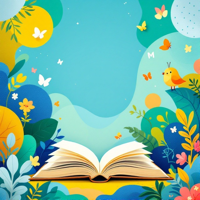 A vibrant, colorful background featuring abstract shapes and patterns in shades of blue, green, and yellow. An open book illustration at the center with floating letters and small friendly animals like birds and butterflies around the book.