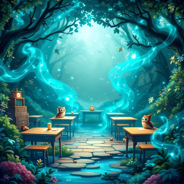 A fantastical classroom scene where the desks appear to float in mid-air, surrounded by swirls of turquoise magic. In the backdrop, a seamless blend of an enchanted forest transitions into a whimsical schoolroom, with fantasy creatures like tiny dragons and talking owls ambiguously assisting with teaching.