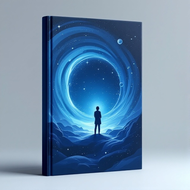 An abstract, minimalist design with shades of blue swirling together to form the silhouette of a teacher standing among the stars and planets, suggesting a blend of educational themes with a futuristic, cosmic backdrop.
