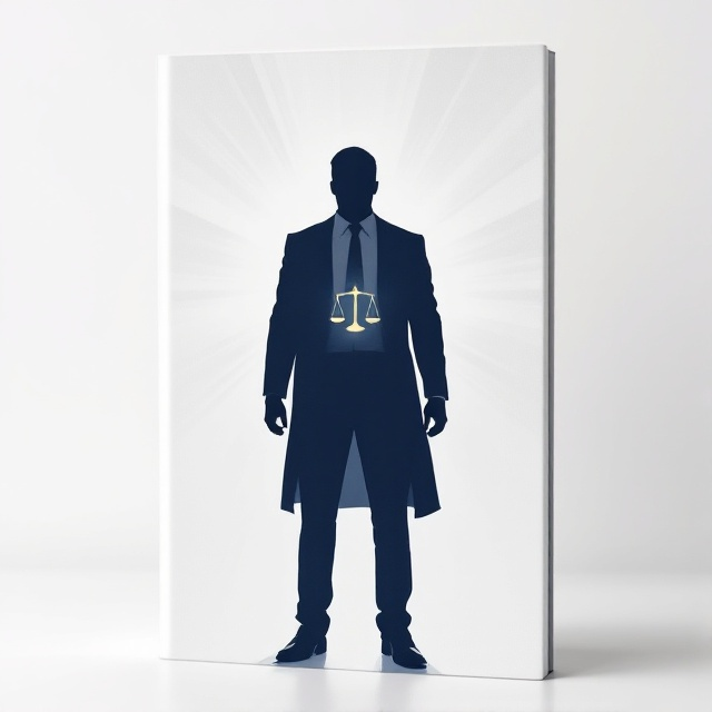 A prominent illustration of a powerful, shadowy figure standing strong and authoritative against a contrasting plain white background. The figure is wearing a sleek, modern suit with an iconic justice scale subtly embedded within the chest area. Stylized beams of light radiate from behind the figure, lending a sense of inspiration and authority.