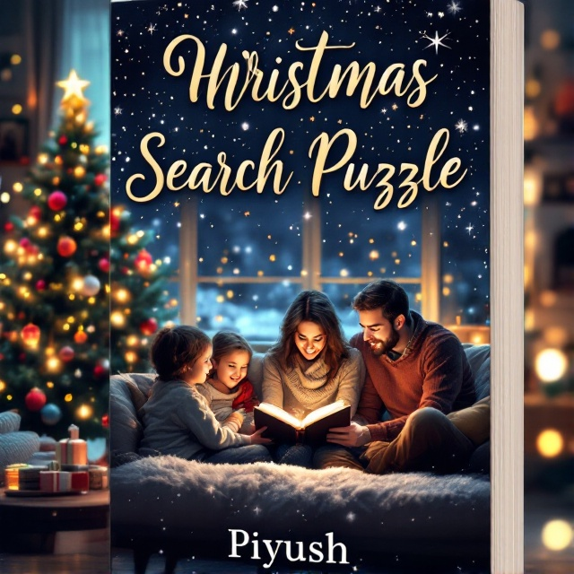 A cozy scene with a family gathered around a warmly lit living room during Christmas, surrounded by soft, glowing Christmas lights. In the background, a decorated Christmas tree with colorful ornaments and a star on top, while snow gently falls outside the window. A few open word search puzzle books are placed on the coffee table.