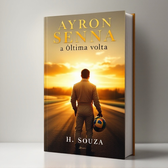 Ayrton Senna stands with his back facing the viewer, gazing into a golden-hued sunset that illuminates the horizon, symbolizing the complexities of his legacy. Wearing his racing suit, he holds his helmet, subtly depicting the Brazilian flag, at his side. The background features an empty Formula 1 circuit with subtle tire marks on the asphalt, and a delicate signature of Ayrton Senna faintly inscribed near his feet.