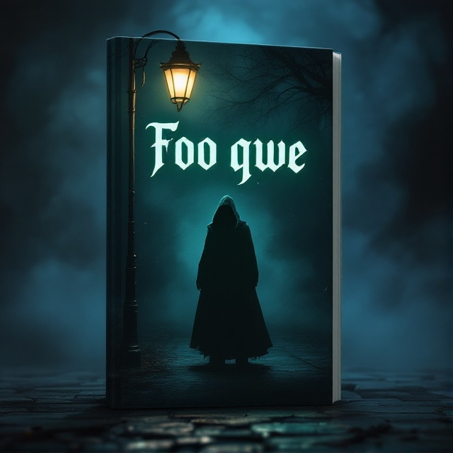 A dark, shadowy figure standing under a dimly lit streetlamp at the edge of a foggy alley, surrounded by swirling mist. The background is gradient with deep blues transitioning to black, enhancing the ominous mood.