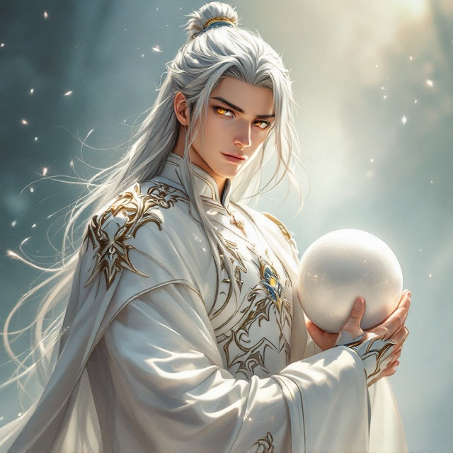 The cover features the protagonist as the central figure in a dynamic pose, standing atop a subtle, misty background that suggests depth and ethereal ambiance. His silver long straight hair flows gracefully, complementing the ornate silver-white armor that gleams under an imagined light source. His golden eyes are vibrant and captivating, exuding a mix of wisdom and determination. He clutches a white holy sword in one hand, and a delicate white spherical pendant rests on his chest, catching light and adding a mystical element. The manga art style gives him an idealized, almost ethereal beauty, capturing both his youth and strength.