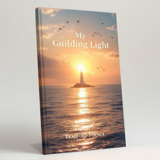A serene sunrise over a tranquil sea with gentle waves, casting a golden-hued path across the water, leading towards a distant lighthouse. The lighthouse emits a soft, warm glow, symbolizing guidance and hope. Soft clouds and a flock of birds soaring gently above add to the tranquil and spiritual atmosphere.