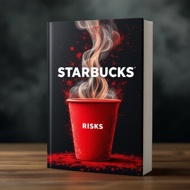 A bold, abstract depiction of a steaming coffee cup that is fragmented and dispersing into the background. The cup is outlined in a striking red against a dark, stormy sky, symbolizing the theme of "RISKS." The steam from the cup twists and turns into unpredictable patterns, creating a sense of movement and unpredictability, reflecting the essence of taking risks.